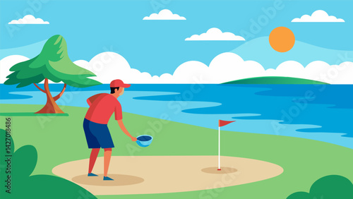 On a beachside course the player carefully throws their disc over a small bay of water landing it with precision on a distant green.. Vector illustration
