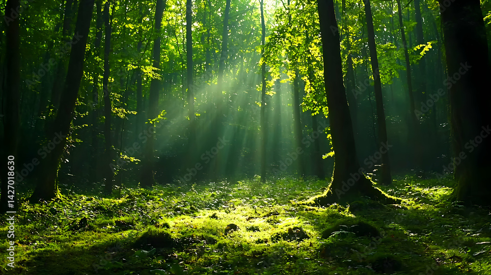 Obraz premium Sunlight Streams Through Lush Green Forest