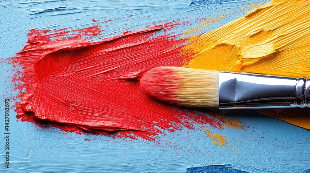 Fototapeta premium Colorful Artistic Expression: Paintbrush with Vibrant Red, Blue, and Yellow Paint Strokes