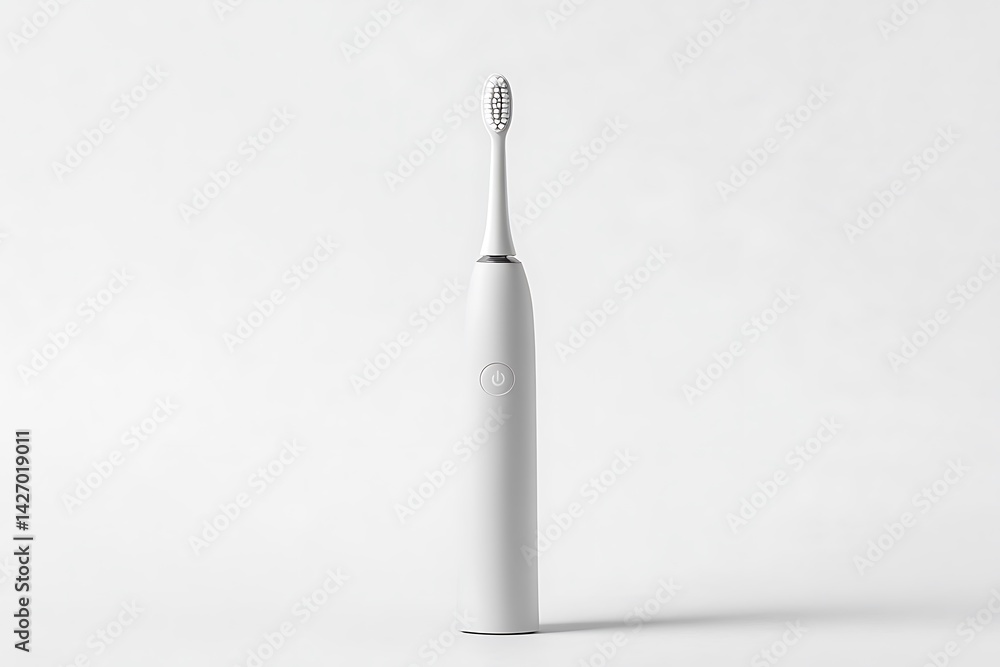 Modern, sleek white electric toothbrush stands alone on a plain background. Modern, sleek white electric toothbrush stands alone on a plain background.