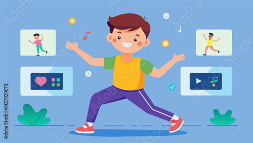 A young boy gets creative with his fitness app using it to track his dance moves and compete with his friends in a virtual danceoff.. Vector illustration