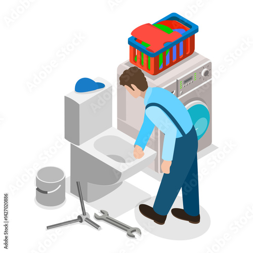 3D Isometric Flat Vector Illustration of Plumbers, Pipeline Repair, Clogged Toilet, Sewer Cleaning. Item 3