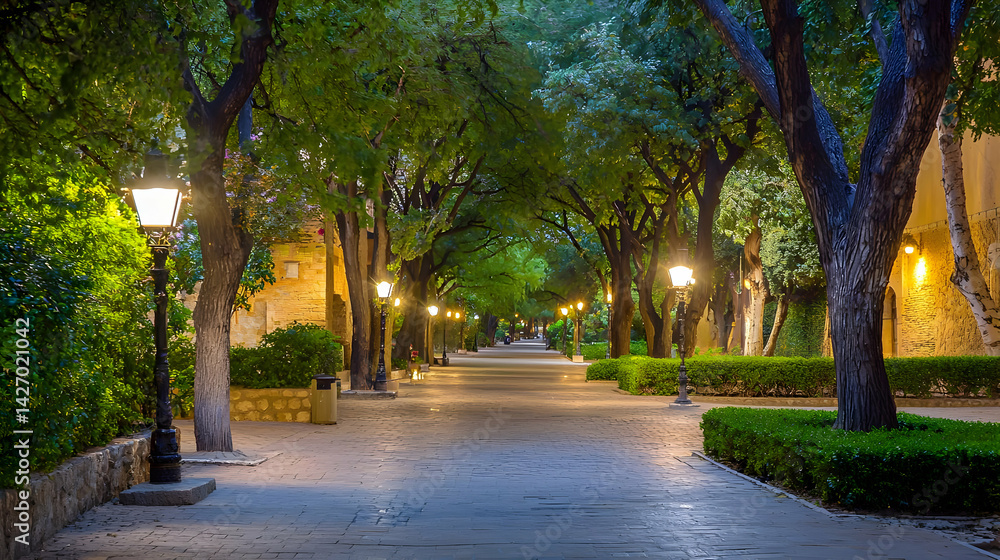 Evening Path Through Illuminated Park Evening Path Through Illuminated Park