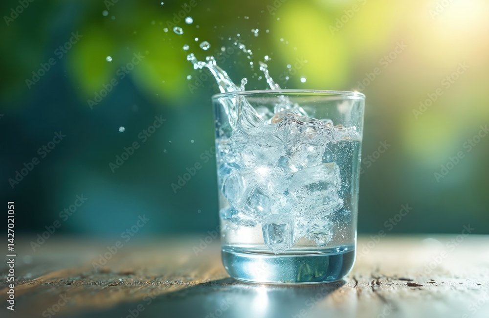 Glass pure water with ice cubes, splash and drops. Cool drink in sunny summer day, freshness concept. Transparent liquid, refreshment, healthy lifestyle, thirst quencher, aqua. Glass pure water with ice cubes, splash and drops. Cool drink in sunny summer day, freshness concept. Transparent liquid, refreshment, healthy lifestyle, thirst quencher, aqua.
