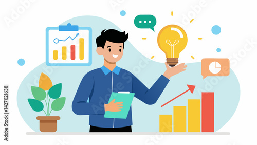 A student presenting their business idea at a competition emphasizing how their product or service not only adds value to consumers lives but also. Vector illustration