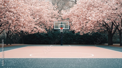 Basketball action amidst cherry blossoms urban park gigapixel image serene environment aerial view nature's beauty