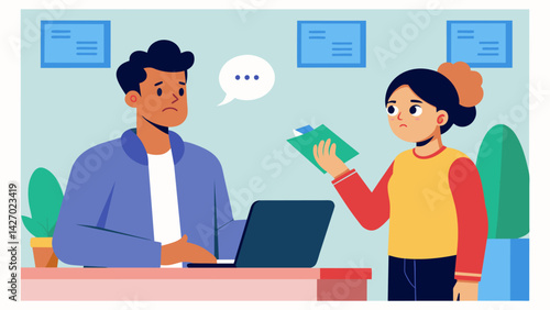 A heated conversation between a student and a staff member at the financial aid office as the student demands an explanation for the hidden fees.. Vector illustration