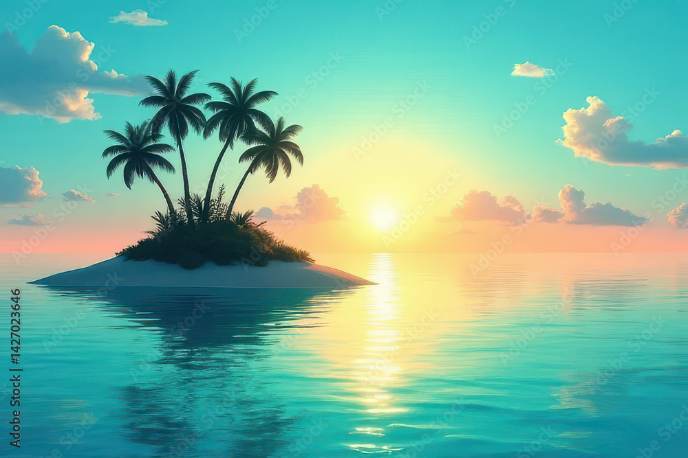 Stunning Abstract Sunset: Tranquil Island Sky Gradient, Turquoise Ocean Reflections, Pastel Sun, Silhouette Palm Trees Stunning Abstract Sunset: Tranquil Island Sky Gradient, Turquoise Ocean Reflections, Pastel Sun, Silhouette Palm Trees