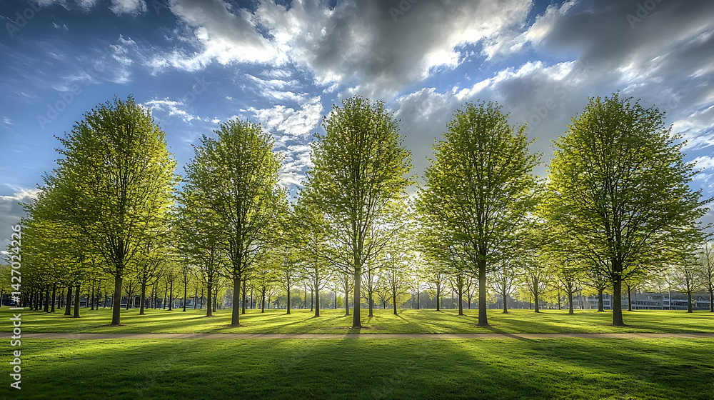 Fototapeta premium Row Of Green Trees In A Park Under Sunlight