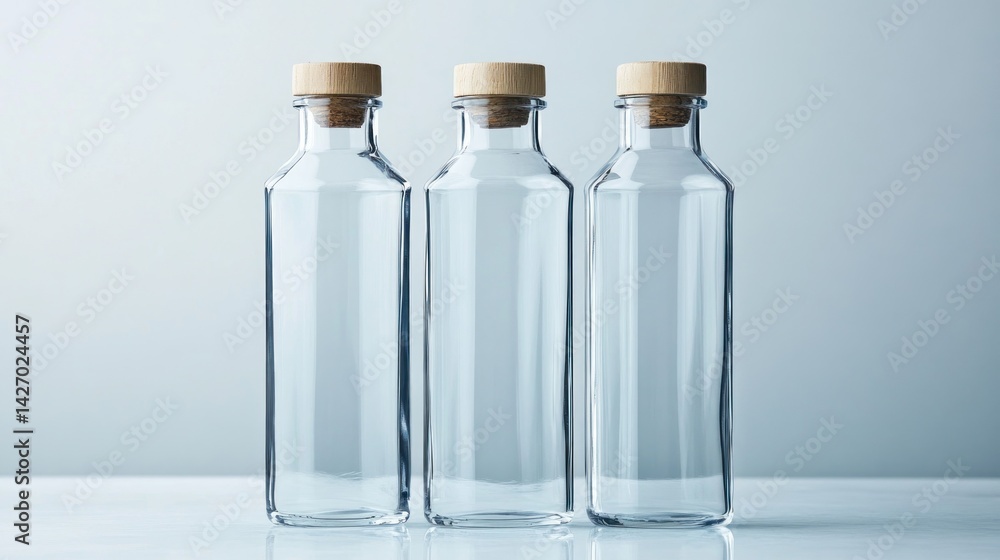 Three Glass Bottles With Cork Lids Filled With Clear Water Against A Light Blue And Grey Background Three Glass Bottles With Cork Lids Filled With Clear Water Against A Light Blue And Grey Background