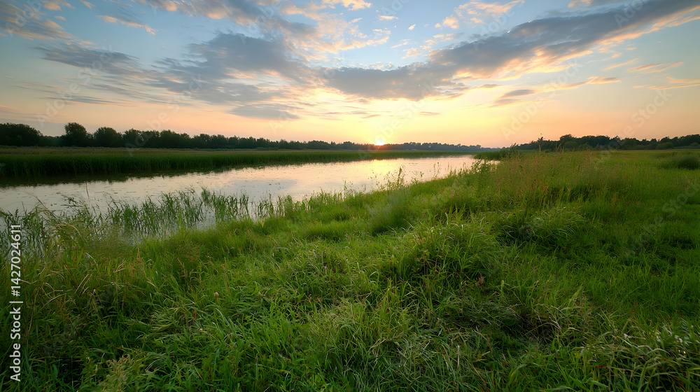 Obraz premium Sunset Over River Landscape With Lush Green Vegetation