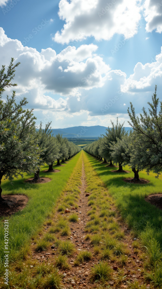 A picturesque road lined with orchards leading towards a mountainous horizon under a bright blue sky speckled with clouds. A picturesque road lined with orchards leading towards a mountainous horizon under a bright blue sky speckled with clouds.