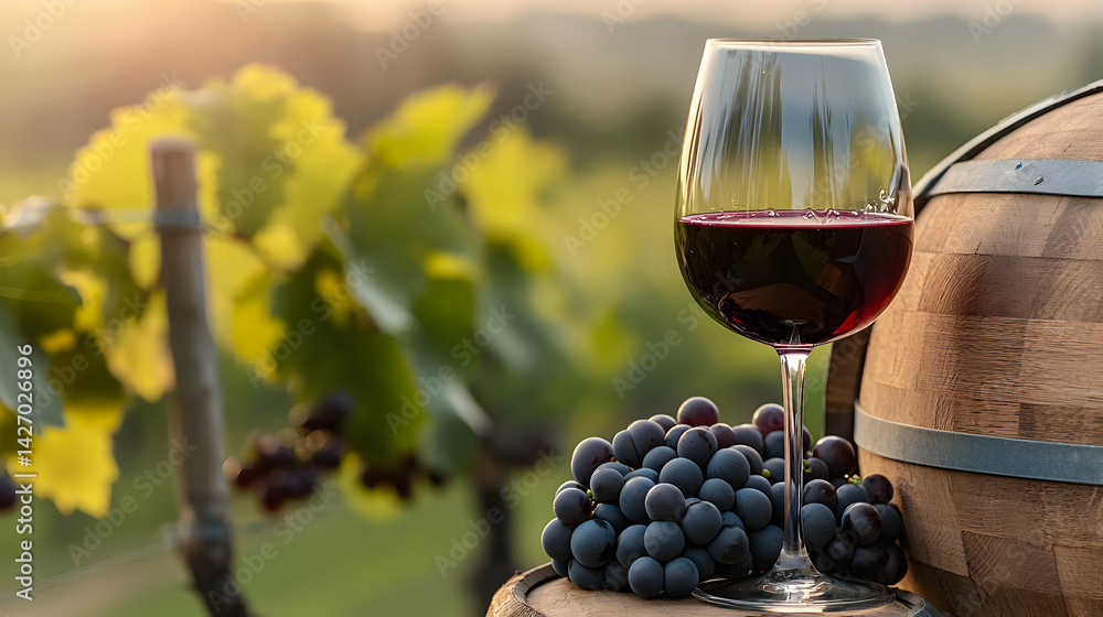 Fototapeta premium Red Wine Glass And Grapes Vineyard Sunset