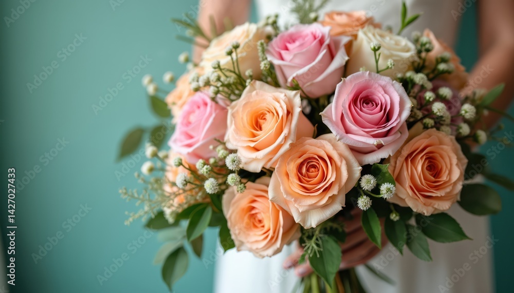 Fototapeta premium Bridal bouquet of pink and orange roses on green background. Fresh flowers for wedding decoration. Bunch of blossoming roses perfect for bride. Romance, love, beauty and Valentine themes.