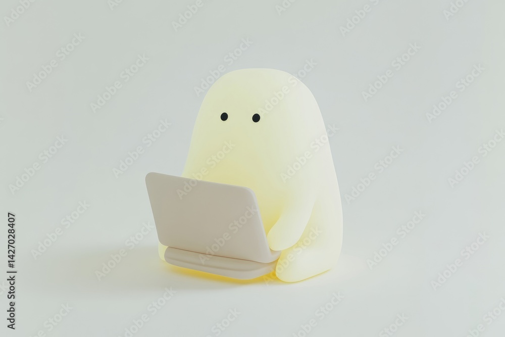 Fototapeta premium Pale creature sits, laptop open