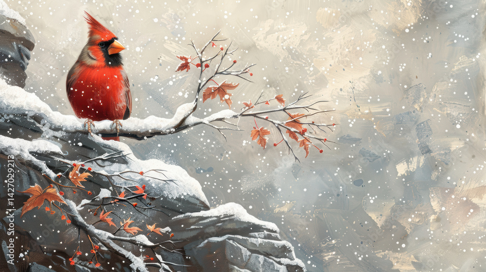 Majestic Red Cardinal on Snowy Branch in Winter Wonderland Scene