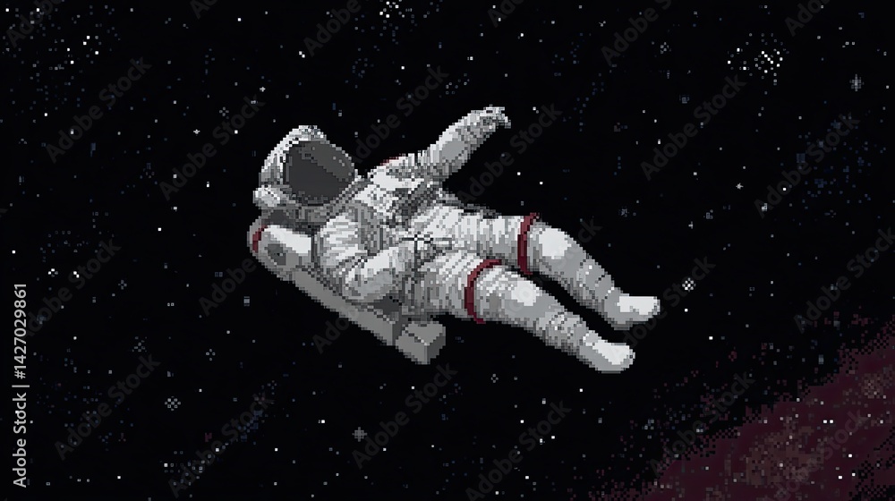 Pixel Art Astronaut Drifting in Starry Space for Digital and Print Decor