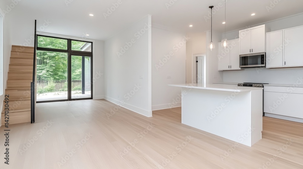 Fototapeta premium Modern open-concept living space with a kitchen and stairs