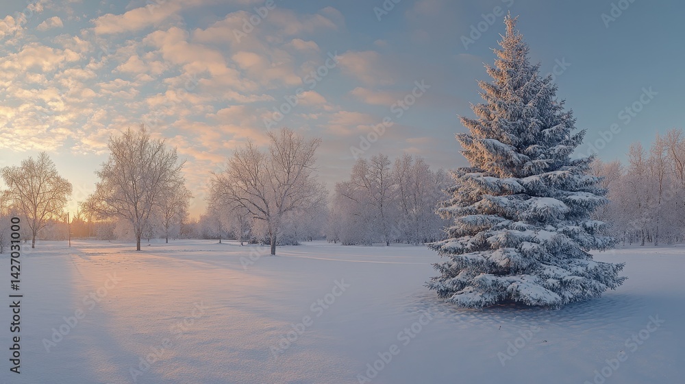 Serene winter landscape with snowy trees at sunrise Serene winter landscape with snowy trees at sunrise