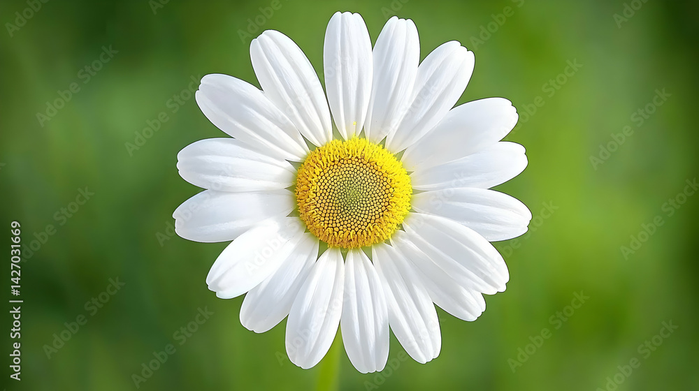 Fototapeta premium Close Up Of White Daisy With Yellow Center Against Green Background