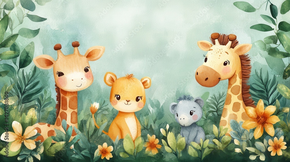 Fototapeta premium Cute cartoon safari animals in lush greenery with giraffes, lion, and koala