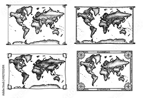Vintage world maps illustrated antique style in black and white representing cartography and exploration