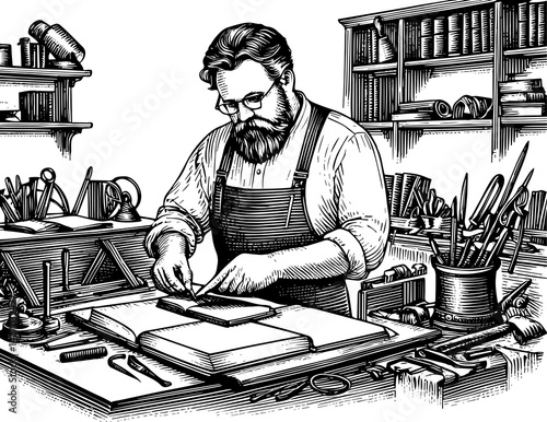 Bookbinder with glasses studious seated working at cluttered workbench historical craft in workshop with bookshelves