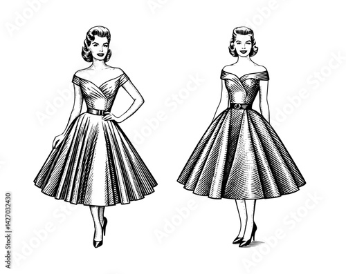 women in vintage dresses elegant posing 1950s fashion illustration against plain background