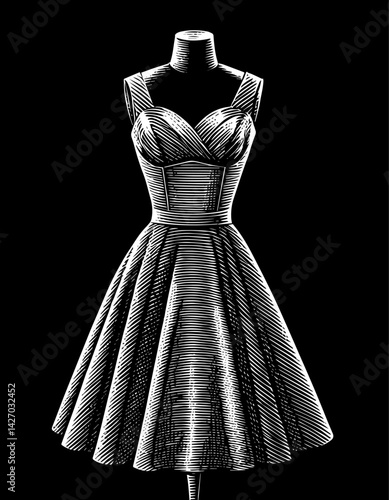 Vintage dress illustration on dress form in engraving style black and white fashion design display against black background