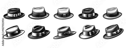 Fedora hats collection in vintage engraving style monochrome fashion accessories illustration