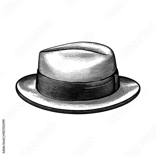 Fedora hat illustration in wood engraving style black and white vintage fashion accessory