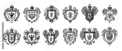heraldic coats set of arms in black and white classic European style
