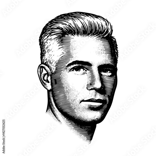 Man's face serious composed close-up in engraving vintage style black and white illustration against white background
