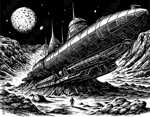Alien submarine futuristic woodblock style black and white illustration representing sci-fi discovery on desolate planet at night