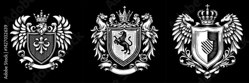 heraldic coats of arms in black and white engraved style for royalty or nobility