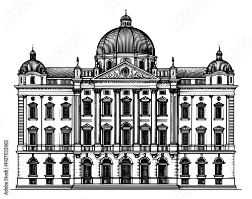 Large classical building line drawing in black and white for architectural design