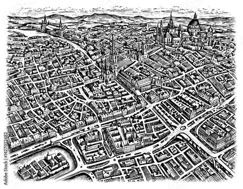 European city aerial view in black and white woodcut print style for historical maps
