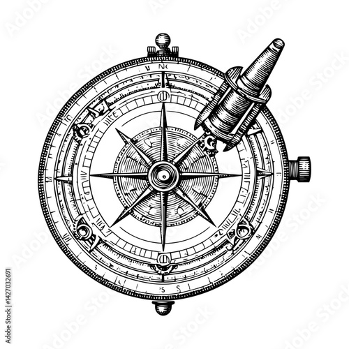 Astrolabe ink drawing in black and white for historical astronomical measurements