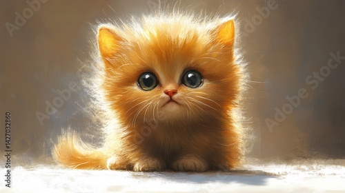 Adorable fluffy kitten with wide eyes and golden fur in warm lighting