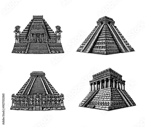 Mesoamerican and Mayan Structures in antique engraving style in black and white representing ancient architectures.