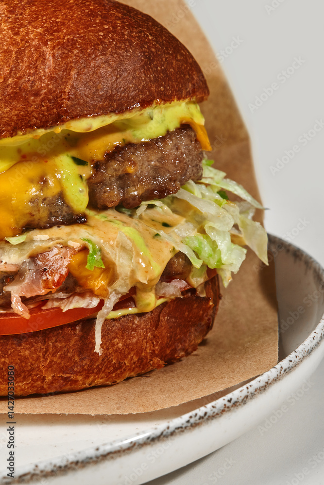 Delicious burger showing ingredients on plate with brown paper