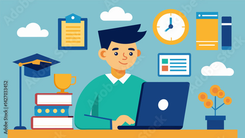 An eager student utilizing online scholarship search engines filtering through various categories and qualifications to find the best fit for their. Vector illustration