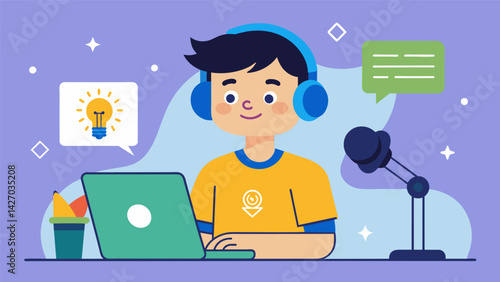 A teenage boy creating a sponsored podcast episode about the importance of mental health for kids featuring tips and advice from a brands. Vector illustration