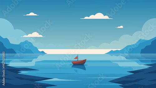 A painting of a calm ocean with a single boat in the distance symbolizing the serenity and peace that can be found by following stoic principles. Vector illustration