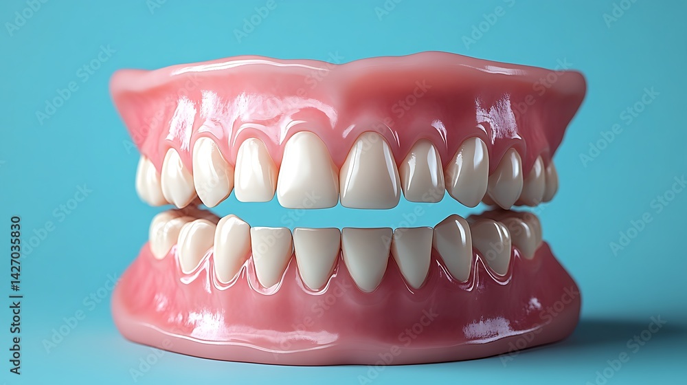 Obraz premium Extreme close-up of perfect artificial teeth and gums. Healthy smile and dental care concept promoting oral hygiene. Celebrating National False Teeth Day