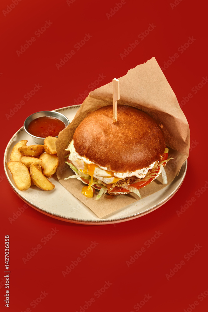 Tasty burger with fried egg, french fries and spicy sauce on red background