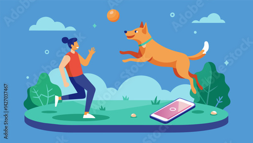 A dog jumping in excitement at a virtual dog park while its owner controls the game through an app on their phone.. Vector illustration