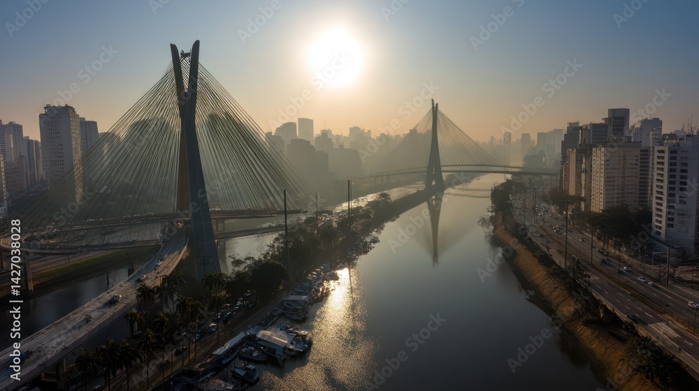 Fototapeta premium Cityscape Sunrise Over River and Bridges