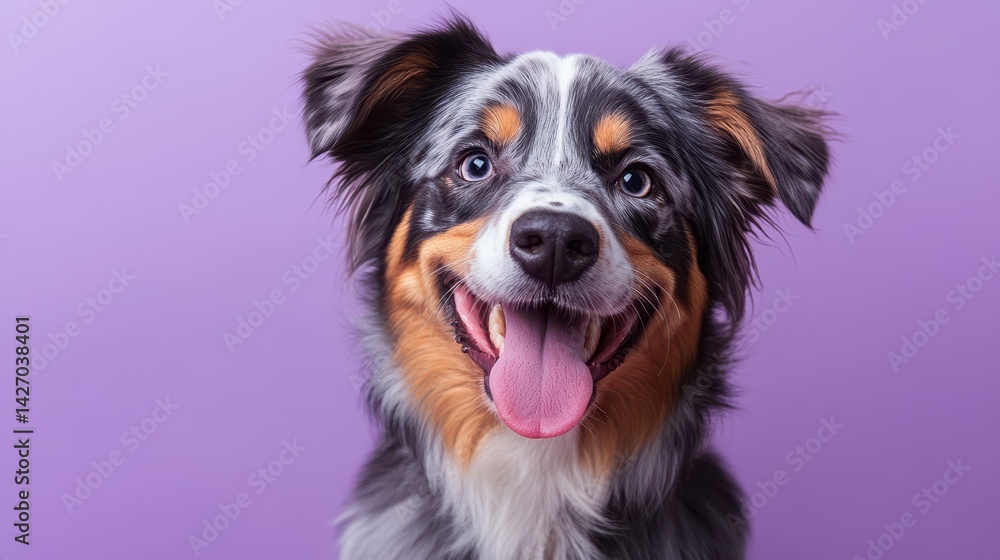 Happy australian shepherd dog with multicolored fur against purple background Happy australian shepherd dog with multicolored fur against purple background