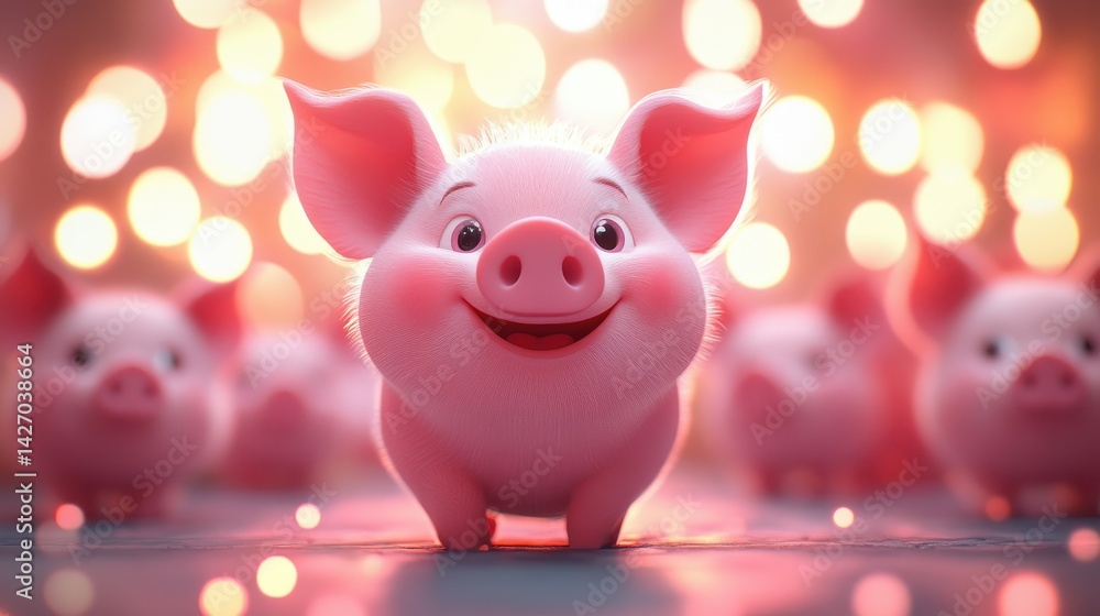 Adorable cartoon piglet with glowing background and cheerful expression Adorable cartoon piglet with glowing background and cheerful expression